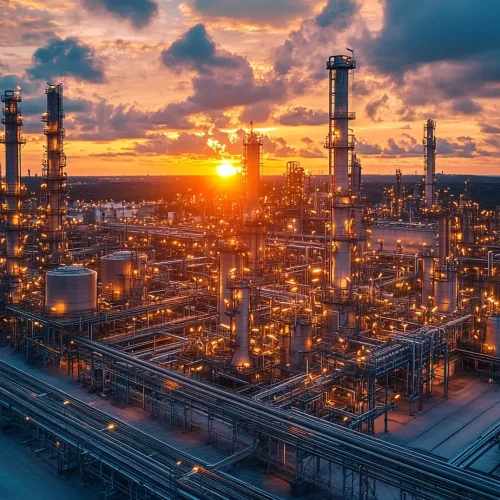 Aerial view of a vibrant oil refinery at sunset, showcasing intricate pipelines and glowing structures under a beautiful sky.